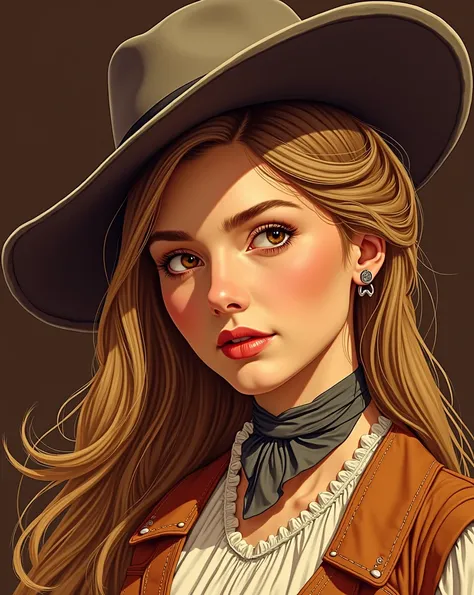 A western female dr Quinn style in 1870s, in long brown hair, (striking resemblance to Jane Seymour 3)(head down hide by her grey leathert hat), standing in the middle of street in the sober dirty countryside town in 1870s, realistic oil painting. she is a...