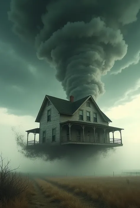 A Kansas farmhouse flying and rotating inside of a tornado