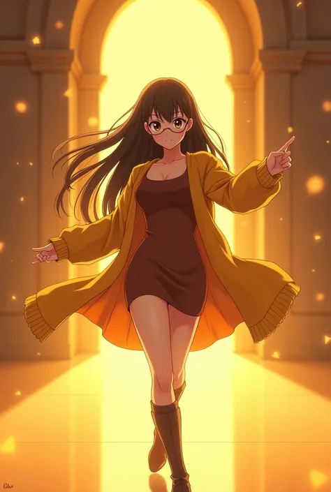 Boku No Hero Style, Female, extra straight long hair with long open bangs dyed in a light, dark brown almost black color, brown eyes, piercing gaze, with glasses, slim waist, full cheeks, a little chubby, wide hips, wearing a tight dress and a yellow sweat...