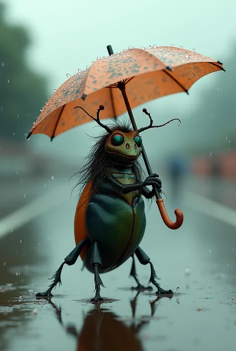 Create a beetle that has hair and it will be holding an umbrella, in the raining scene in the middle of the track