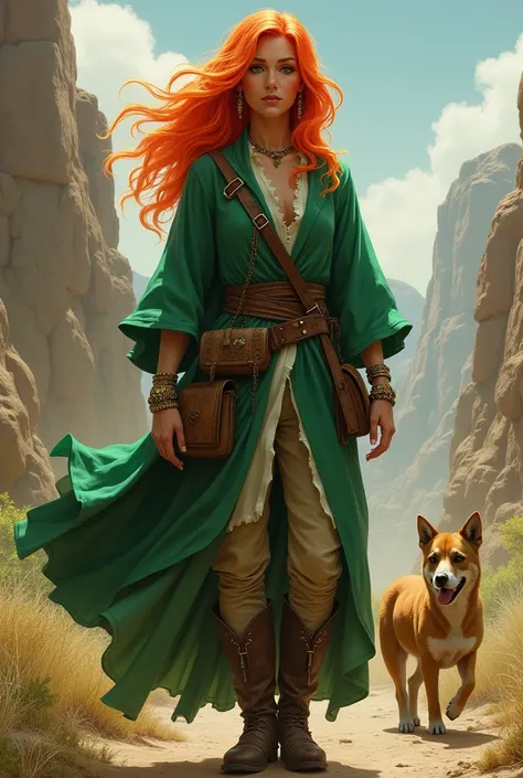 She is a mature woman, standing at 1.70 meters tall, with fluorescent red hair that emits a natural glow. She has a beautiful face, green eyes, and a warm, tan complexion. An American by origin, she wears a green mages robe, along with pants and boots. She...