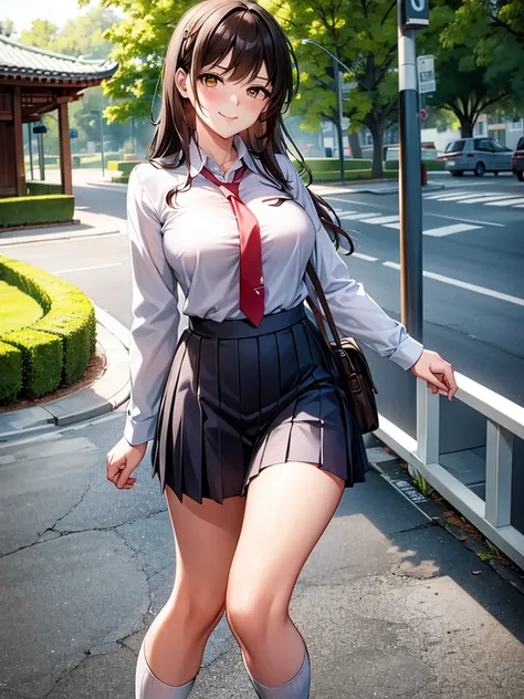 1girl, solo, long hair, breasts, looking at viewer, blush, smile, bangs, skirt, brown hair, shirt, long sleeves, brown eyes, closed mouth, school uniform, standing, yellow eyes, white shirt, pleated skirt, outdoors, necktie, sky, socks, collared shirt, blu...