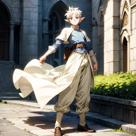 Solo character, full body version, young man, chin beard, (elf), blue eyes, white color hair, undercut hair, white formal clothing, brown pants, shoes, outdoor, town, medieval, standing gesture, detailed background, detailed clothing, detailed hair, (Hunte...