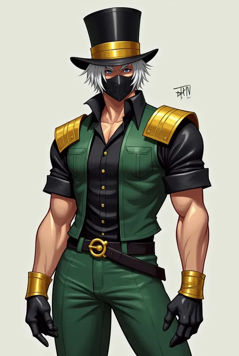 Free fire style male character, black top hat with gold stripes, white hair, black metal mask, short sleeve shirt, gold shoulder bracelets, green pants, black belt, sleeveless shirt, shorth hair