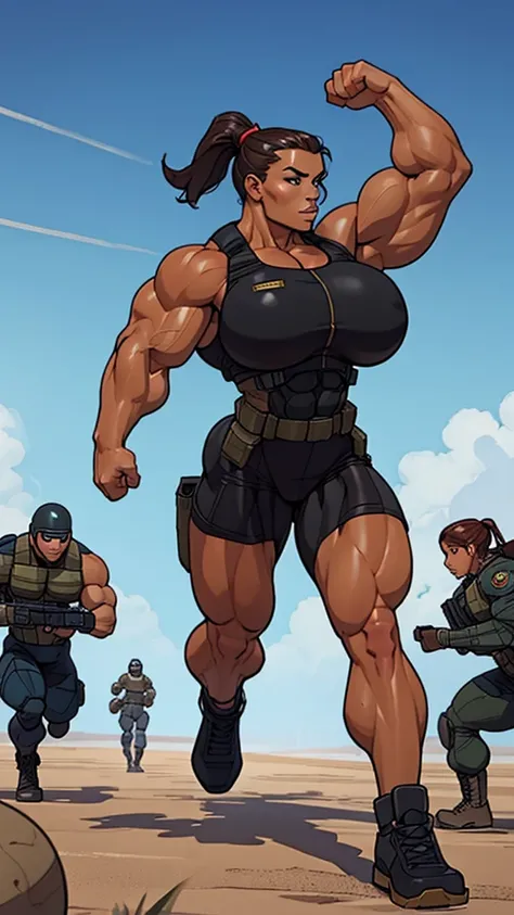 1girl, super soldier girl, coloured sketch, beautiful woman, ponytail hair, extremely tanned, wearing special forces military suit, tactical vest, strong well defined muscle, bulky powerful bodybuilder physique, great muscle definition, perfect muscular bo...