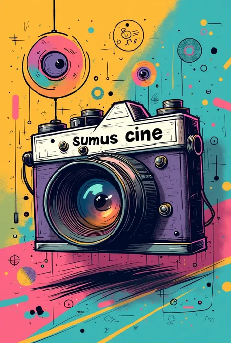 camera with lines, drawning, logo written sumus cine
, colorfully, animadas
