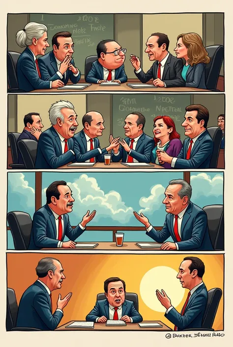 Create a 4-frame cartoon of the foreign debt in Spanish
