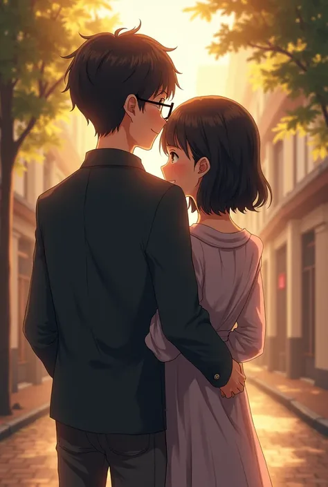 a couple, A boy with black hair, black eyes and glasses and the girl with shoulder-length black hair, with brown eyes , that they have their backs, Realistic style
