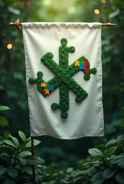 swastika with autism puzzle designs on it, circle around the green swastika, white flag, greenery background.