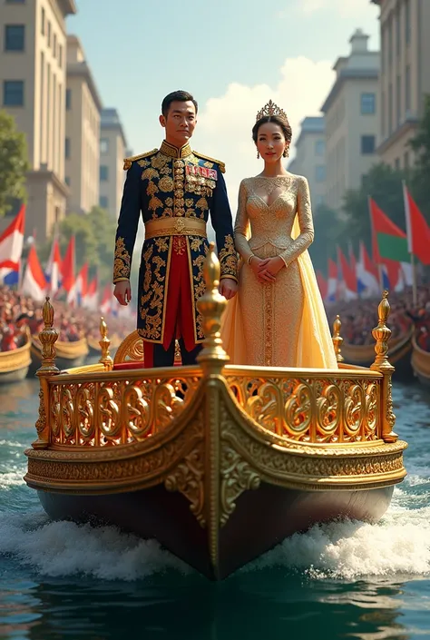 The King and Queen traveled along the royal city using the Suphannahong Royal Barge by water, with protesters from three groups: the Move Forward Group,For Thai,United Thai Nation