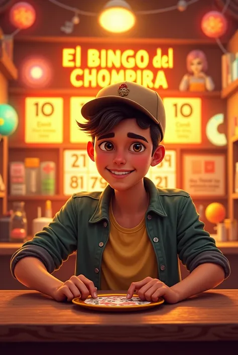 I need an Instagram post promoting a virtual bingo called “El bingo del Chompira” with orange colors, yellow and brown and the owner of the bingo is a young man with a cap and short hair 