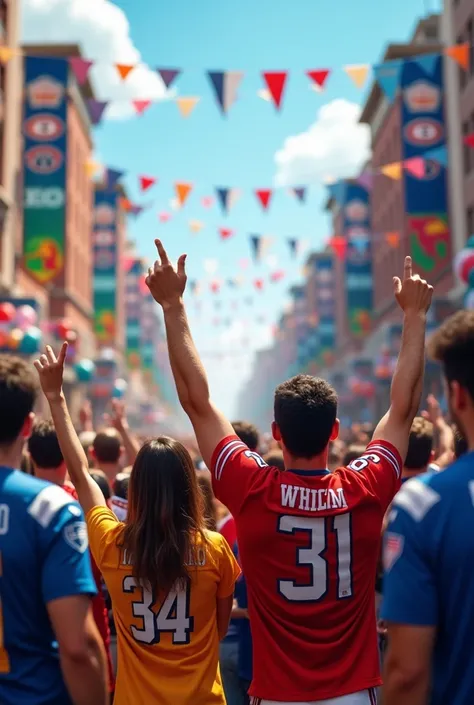 2024 NFL Season Announcement, with uniformed fans pointing upwards on a street colored in festive football-themed colors.