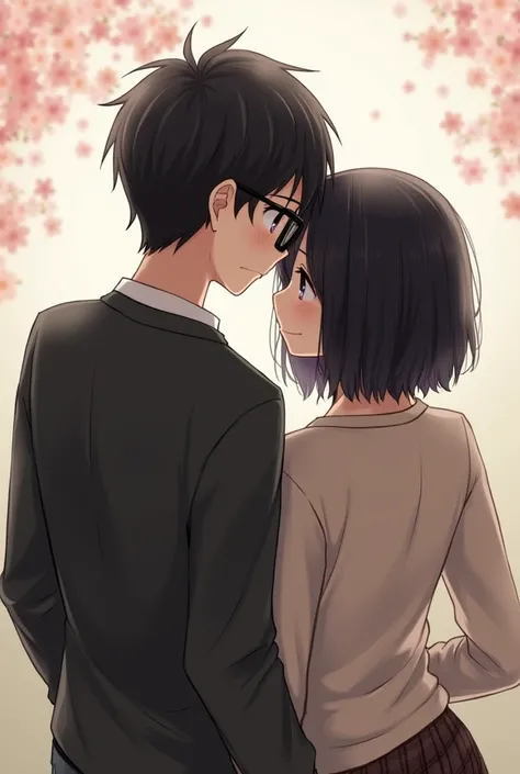 a couple, A boy with black hair, black eyes and glasses and the girl with shoulder-length black hair, with brown eyes , that they have their backs, realistic drawing style
