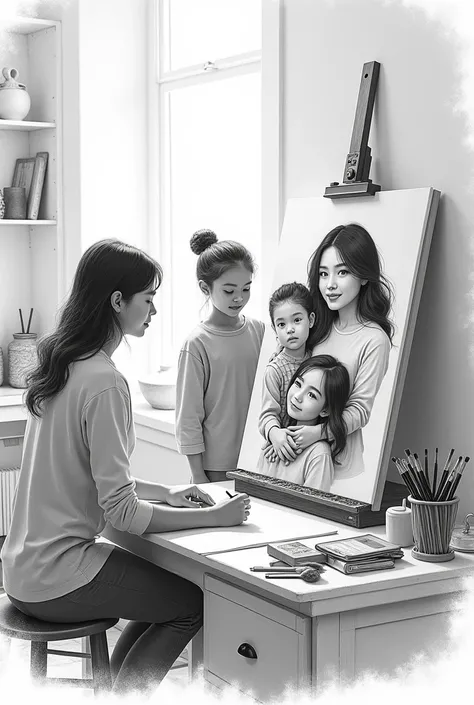 Man artist drawing his family. realistic drawing. black andwhite 