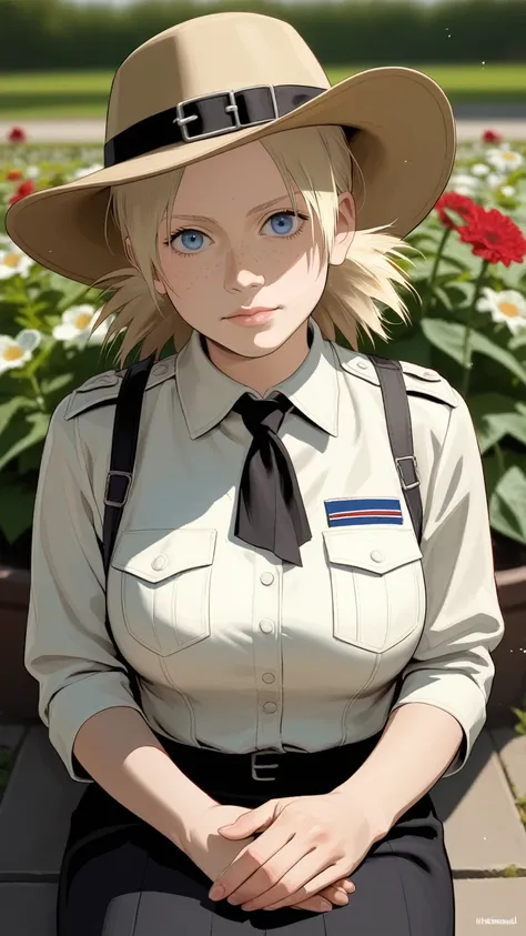 score_9, score_8_up, score_7_up, BREAK, rating_safe, zy_mirabel, 1girl, hat, flower, blonde hair, freckles, hat flower, large breasts, blue eyes, sit, garden, realistic, photo, real hair, detailed skin, highly detailed, detailed skin, depth of field, film ...