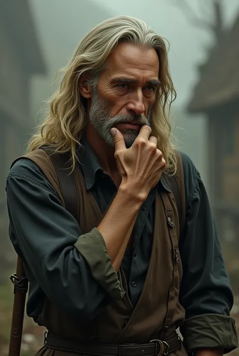 Man with long blonde hair scratching his chin with crooked hand

