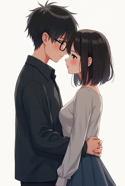 a couple, A boy with black hair, black eyes and glasses and the girl with shoulder-length black hair, with brown eyes , that they have their backs, Very realistic drawing style
