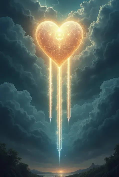 Create a hyperrealistic, breathtaking image for the Three of Lights card in the Lumen Angelis Tarot deck, directly inspired by the traditional Rider-Waite Three of Swords. At the center of the card, a large, intricately detailed heart hovers in mid-air, gl...