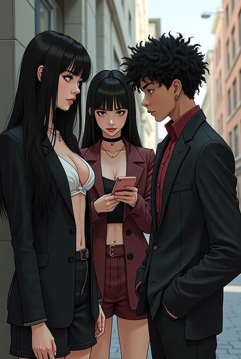 Make a teenage girl with long black straight hair, high,  wealthy, White skin, with provocative clothing and next to her her friend a teenage male, homosexual, high, black curly hair, pale skin, wealthy with iphone both admiring a poor man, with a touch-to...