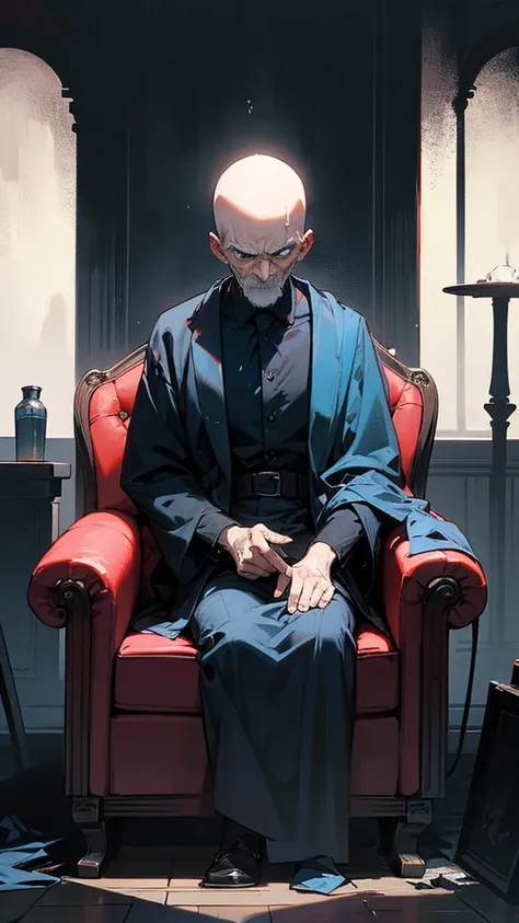 For the cover of Volume 2, focusing on the elderly man who attacks the protagonist, here is a possible design: The old man is sitting in a worn, crimson armchair in a dimly lit room. The chairs upholstery is worn and faded, with visible stitches and patche...