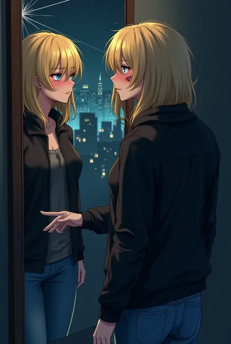 a character for youtube, naughty man , suru , blond hair falling over her face and blue eyes, madrake style.  I have bruises on my face. He is staring at the mirror which is broken, wearing a black jacket and blue jeans. In the background, a dark room with...