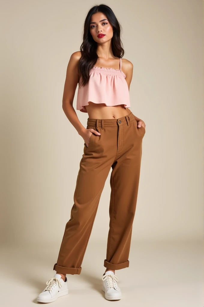 Light brown pants outfit, crop top rosa pastel, white tennis and red lipstick