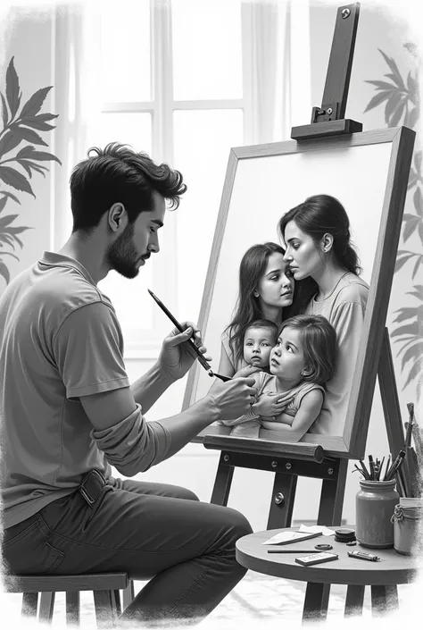 Man artist drawing his family. realistic drawing. black andwhite 