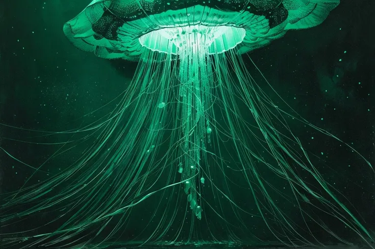 very large,one jellyfish,monochrome,old painting,emerald  background,Rantan,space,midlle ages