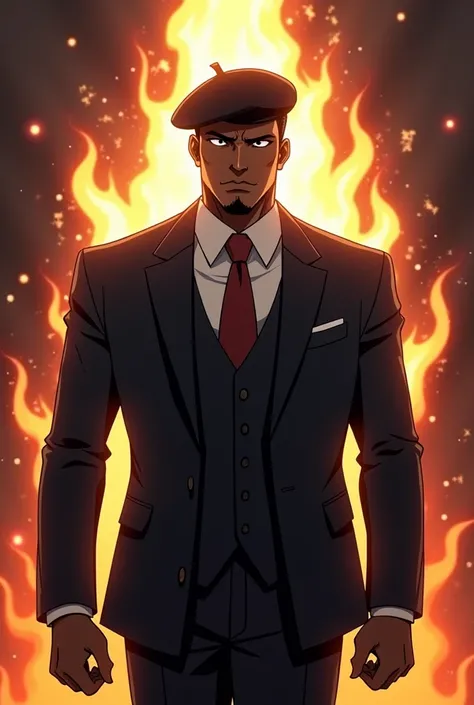 a black man in a suit, beret with dark and an aura of power and a white of justice on fire anime
