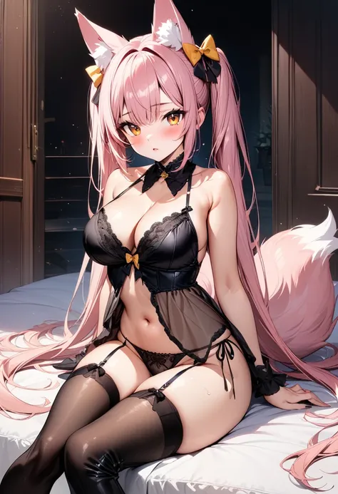 (masterpiece),(best quality),(ultra-detailed),(best illustration),(best shadow),(absurdres),(detailed background),(very aesthetic), 1girl, solo, breasts, underwear, thighhighs, panties, animal-ears, long-hair, twintails, pink-hair, large-breasts, navel, ve...