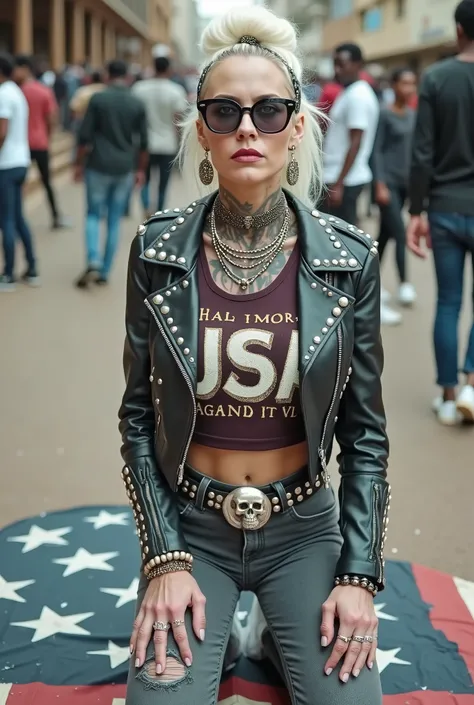 Anglosaxon old milf woman, , blonde platinum hair (beehive bun) and oversized square sunglasses as headband), with very light green eyes, extremely pale. Wearing studded cropped black moto jacket (zippers on the side. Cropped dark burgundy push up tank top...