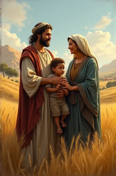 Create 2 realistic scenes where Ruth the Moabite is with her husband Boaz, her mother-in-law Naomi and her son Obed. Surrounded by a landscape alluding to history 