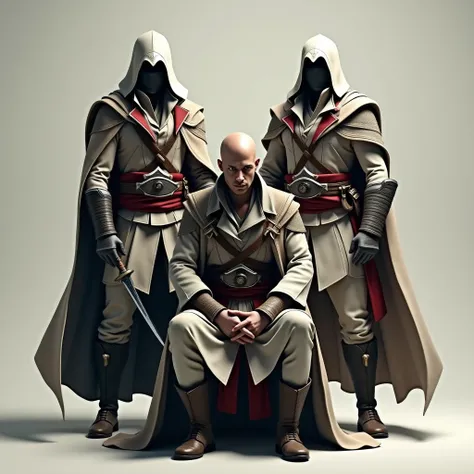 homme chauve asis avec deux assassins creed altair debout derriere lui avec sa lame secrete