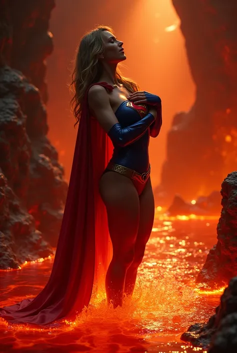 (NSFW:1.7) A SEXY FEMALE WEARING A TIGHT FORM FITTING BLUE SUPERGIRL COSTUME AND RED SUPERGIRL CAPE SITTING IN SUBMERGED IN A POOL HOT LAVA IN A MAGMA CHAMBER, PARTIALLY NUDE, ARCHED BACK MOANING AS SHE GRABS HER BOOBS. A VISUAL OF THE LAVA STREAM SEEPING ...