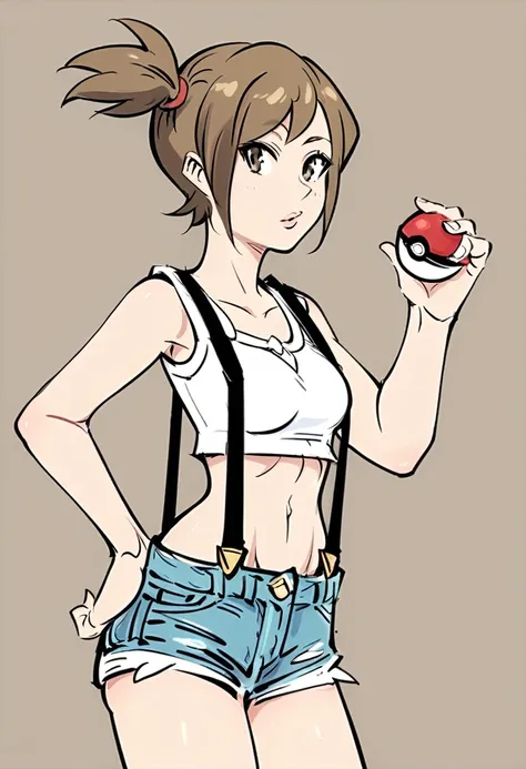 score_5_up,  score_6_up,    
 1girl, solo, hand on hip, holding pokeball,standing, wearing (short denim shorts, crop top, suspen...