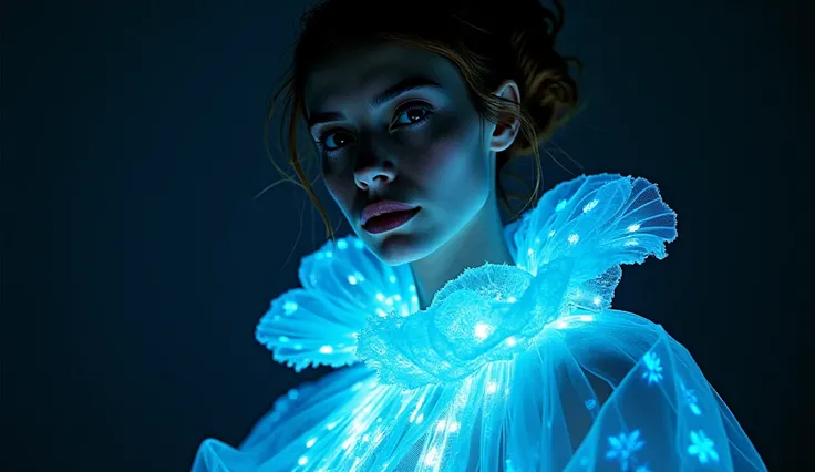 fashion portrait, bioluminescent clothing, Haeckel Inspired, Umbrella Medusa Jellyfish.captured on Hasselblad X1D, 100mm