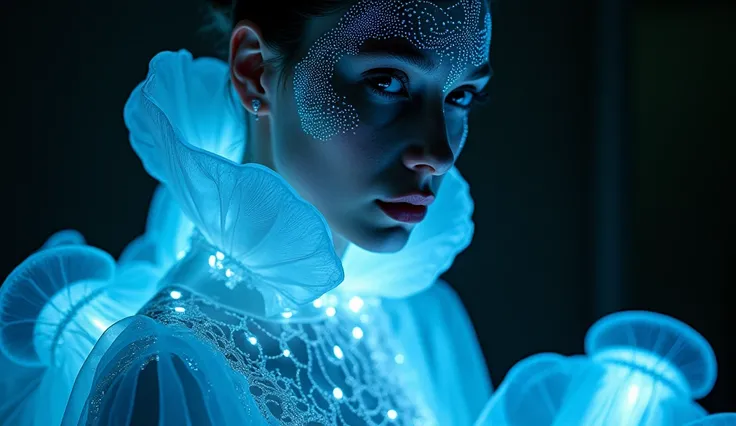 fashion portrait, bioluminescent clothing, Haeckel Inspired, Umbrella Medusa Jellyfish.captured on Hasselblad X1D, 100mm