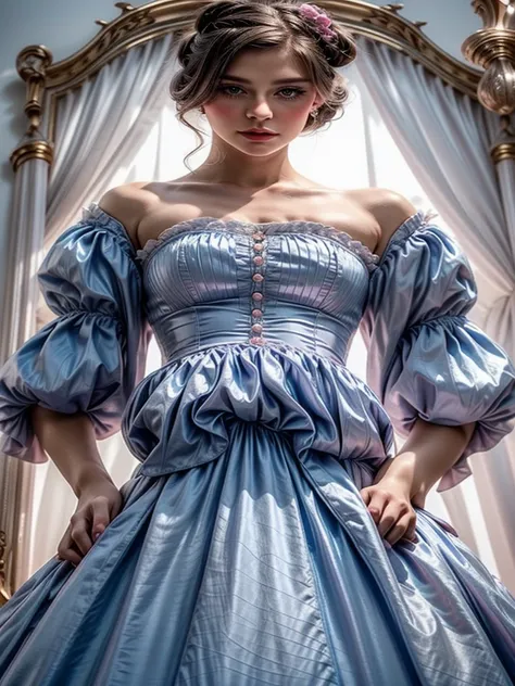 rococo style woman, whole body, full body photography, ɓlonde hair, bun,banges,  half open mouth, light blue rococo dress,  pink...