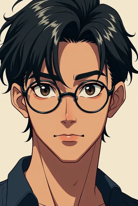 I want a man with thick eyebrows and full mouth with round glasses in anime style and Black Brown eyes