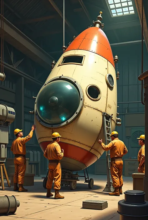 I want an animated image where several people are building an old spaceship. I want it to be like in the 1957s and for it to be a smaller ship similar to the one used for Laika&#39;s trip to space, but the ship is smaller and older.
