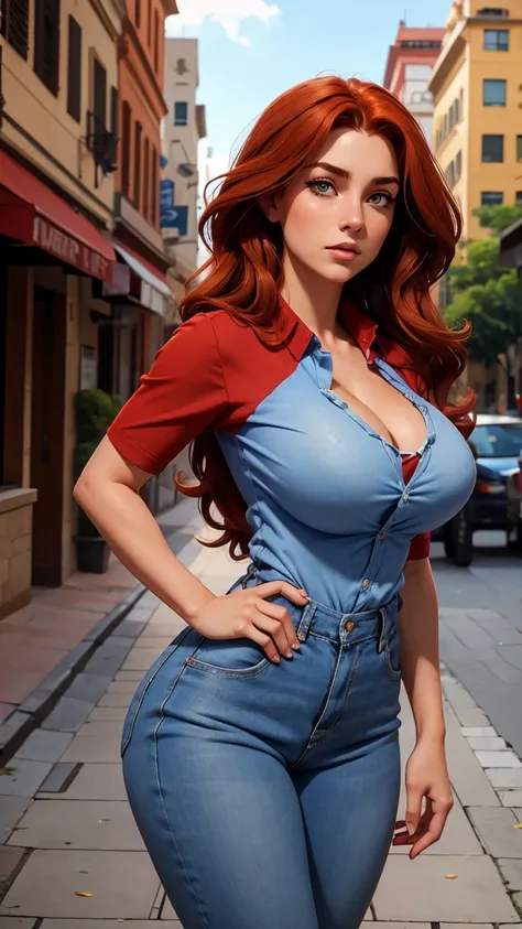 Beautiful 25 year old woman, branca thesis, eyes browns, wavy red hair, dressed in a casual blue shirt, with big breasts, big glutes. The background is in Plaza Oleary in Caracas