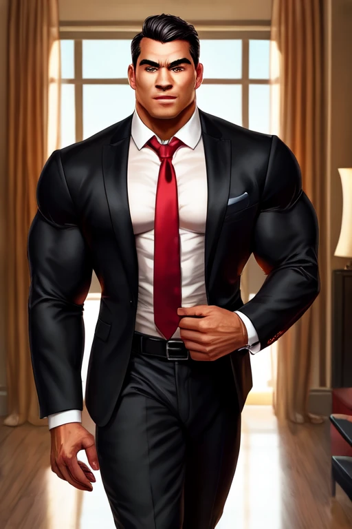 Muscular man in a black suit, black pants and a red tie.