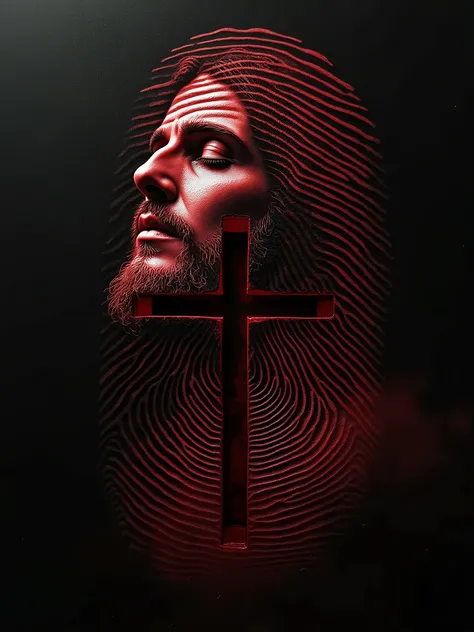 a fingerprint with a cross in the middle, blood-colored fingerprint, exposed with the face of Christ, face to the side with eyes closed looking at the ground.