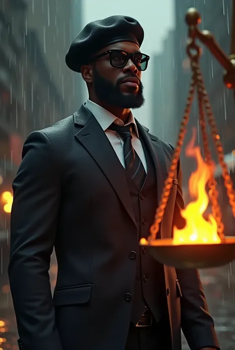 a black man in a suit, beret with dark shades and an aura of power and a scale of justice on fire realistic animation with rain with the face covered


