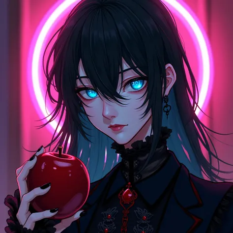 sexy, young male, with black long hair, teal blue eyes, delicate facial features, and pale and white skin. frilly Gothic clothes. anime style. blood. his eyes look soulless. eating a red apple. (Cyberpunk) (pink and purple shading) male. (Neon highlights) ...