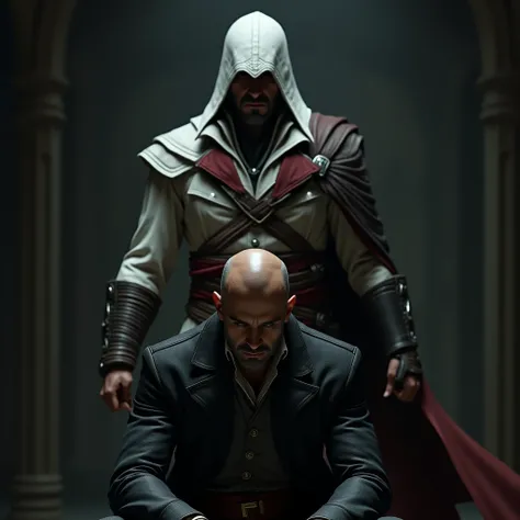 homme chauve asis avec un assassins creed altair debout derriere lui avec sa lame secrete