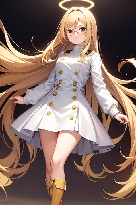 women, Extra straight long hair with long open bangs dyed in a light color, dark brown almost black color, Brown eyes, glare, with glasses, Thin waist, full cheeks, a little chubby, Wide hips, wearing a tight dress and a yellow sweater with long boots that...