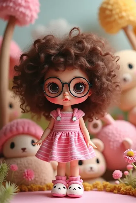 Create a brown curly blythe doll with extremely messy and voluminous hair using round black prescription glasses. Have her wear a pink striped dress with thick straps and pink striped bear socks. Also let her wear a My Melody slipper. No accessories or mak...