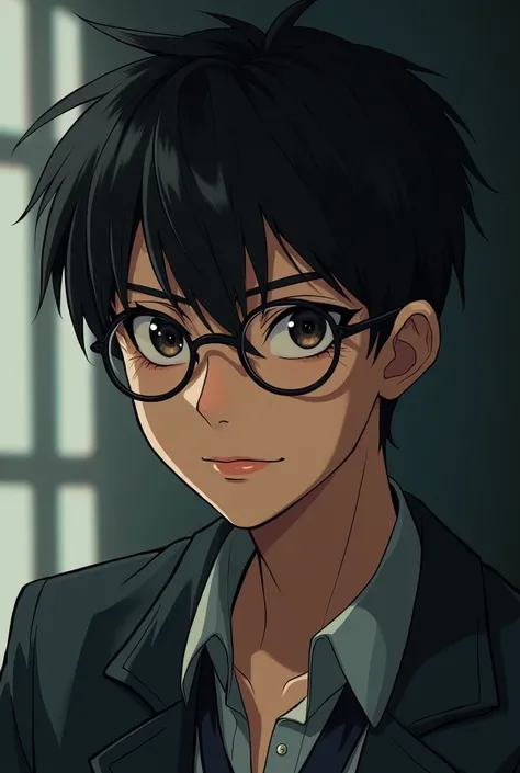 I want a man with thick eyebrows and full mouth with round glasses in anime style and Black Brown eyes and a short hair and a mostery smile