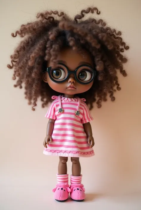 Create a light black curly blythe doll with straightened parts, brown with extremely messy and voluminous hair wearing round black prescription glasses. Have her wear a pink striped dress with thick straps and pink striped bear socks. Also let her wear a M...